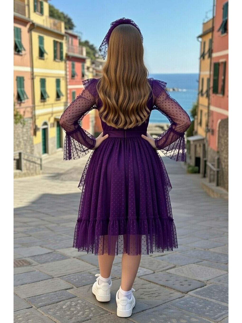 Kız Çocuk Kolları Şeffaf Tüllü ve Üzeri Puantiye, Yakası Fırfır Detaylı Önü Tüllü Mor Abiye-2