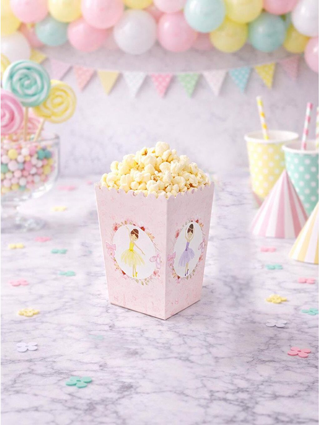 Pembe Balerin Temalı Karton Mısır Kutusu Popcorn Kutusu 8'li