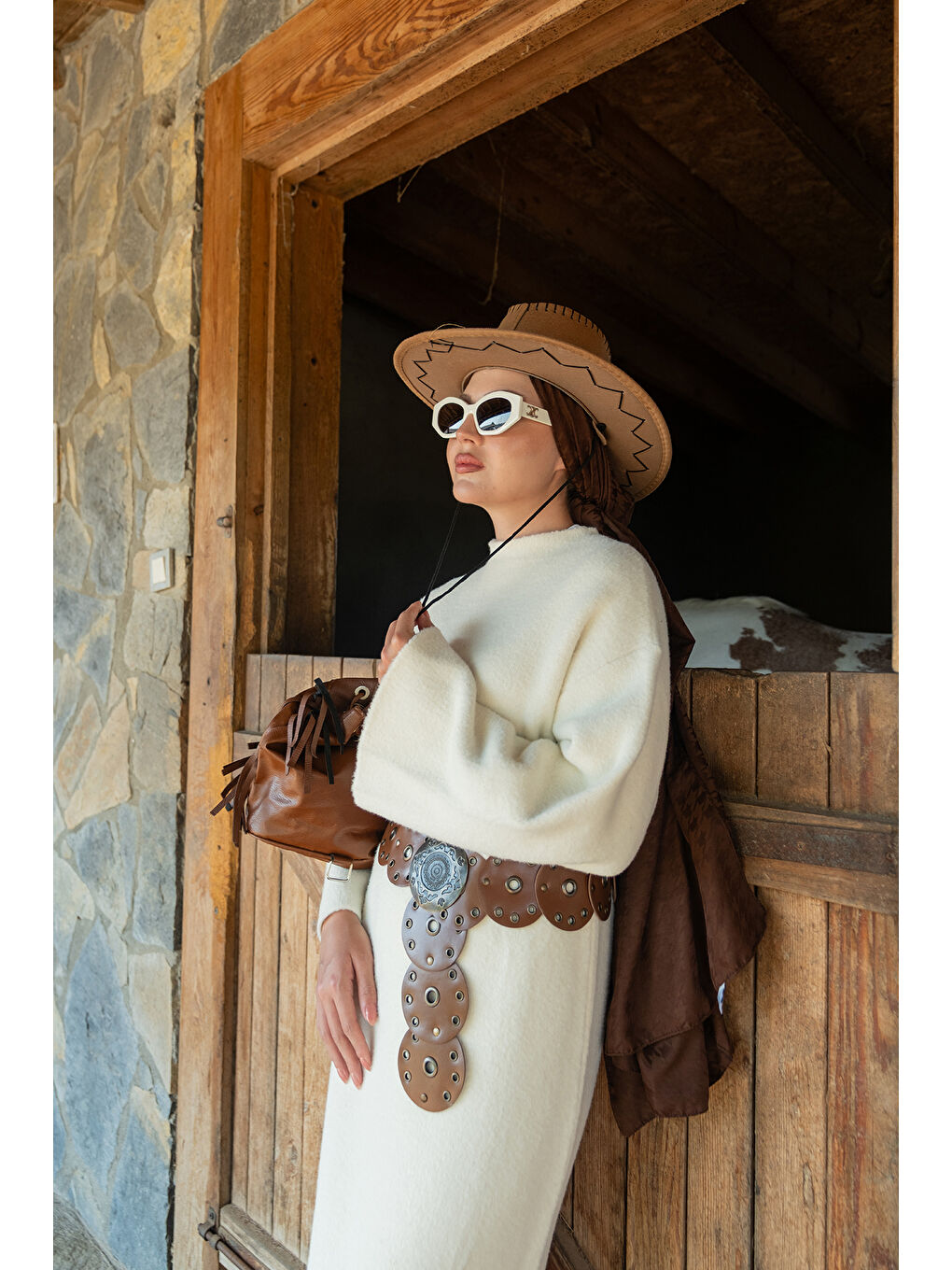 Kadın Kemerli Triko Elbise Bej-3