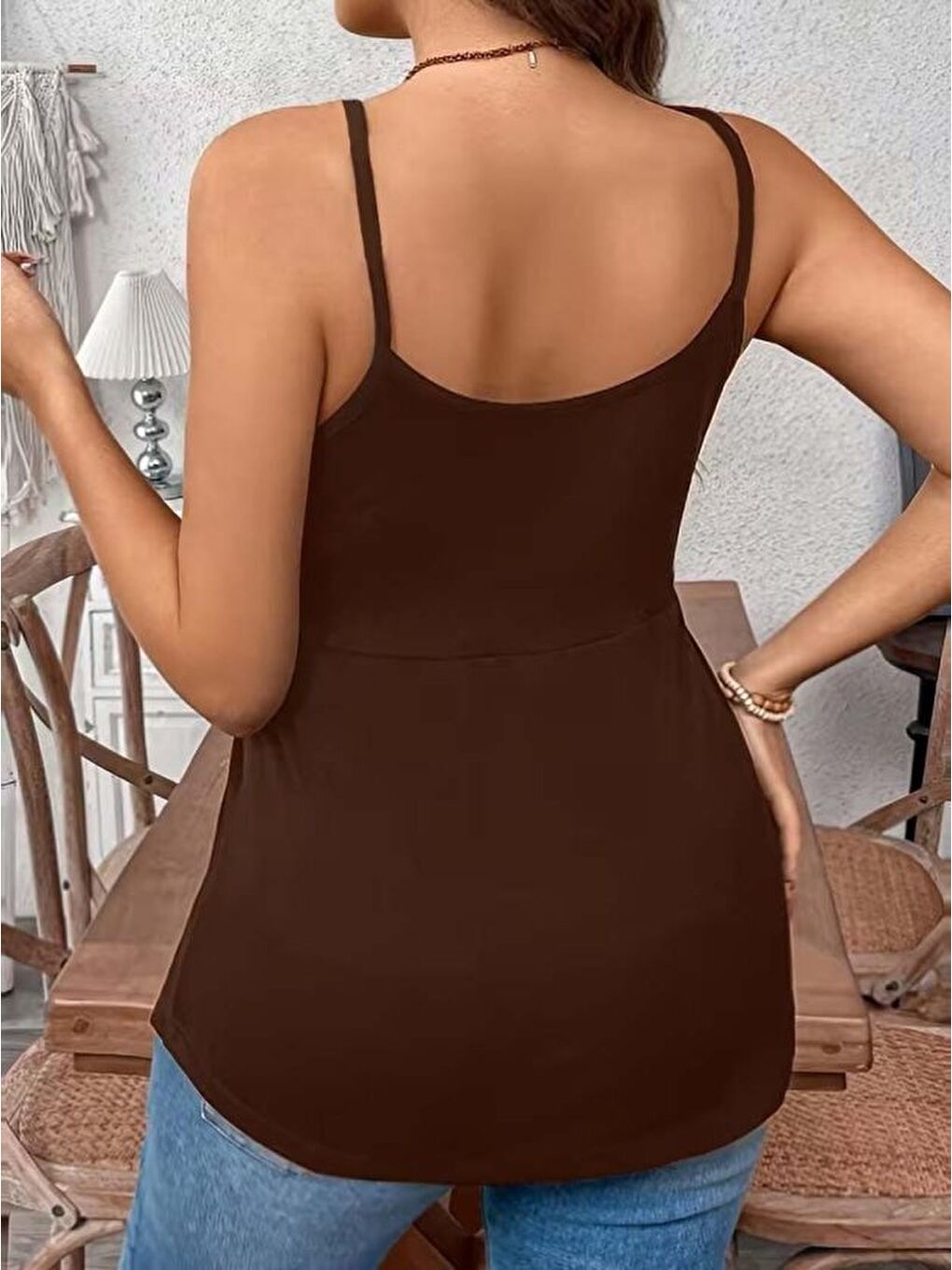 Kahverengi Kadın önden çapraz Askılı Uzun Vıskon Bluz-4