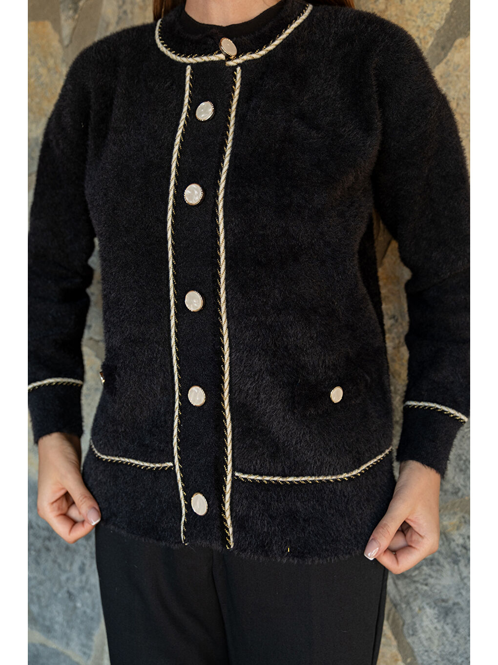 Kadın Bisiklet Yaka Triko Ceket Siyah-4