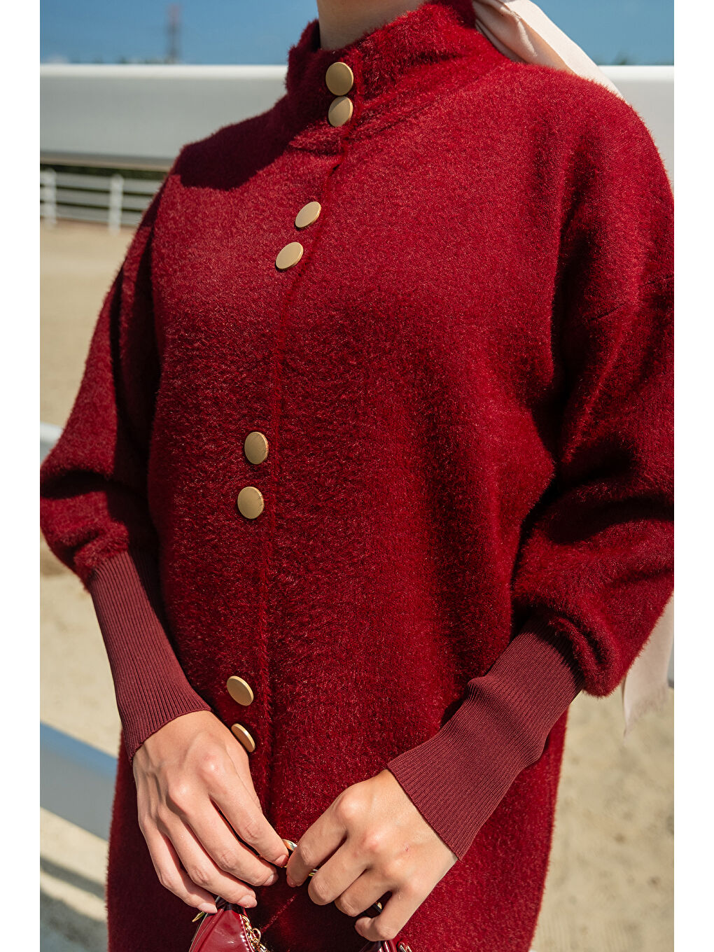 Kadın Düğmeli Triko Ceket Bordo-4