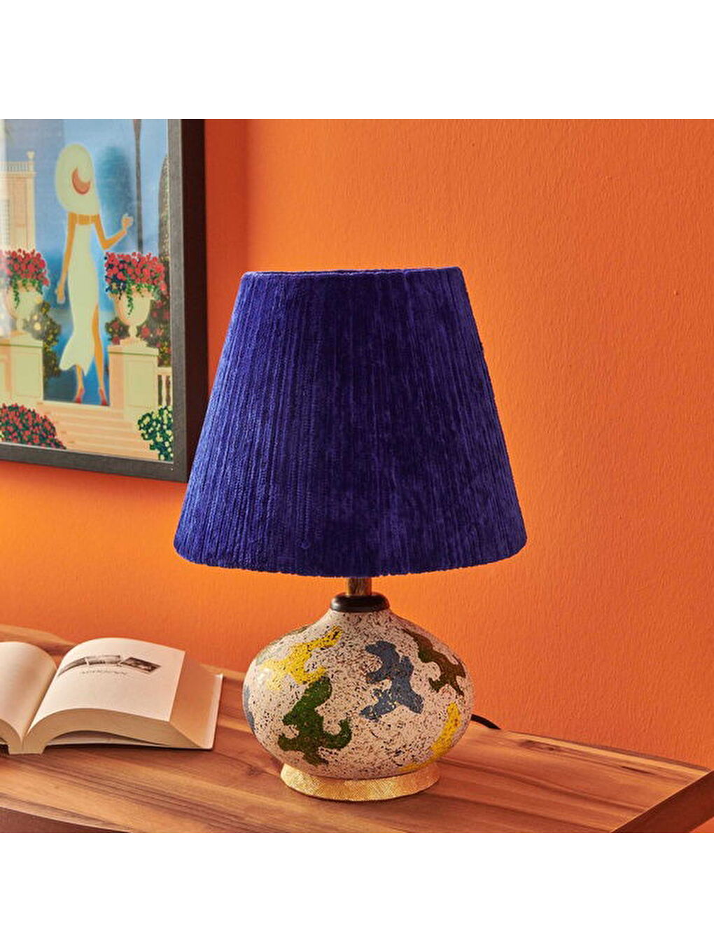 Karışık Okyanus Mavi Başlıklı Seramik Abajur - Renkli - 40 cm