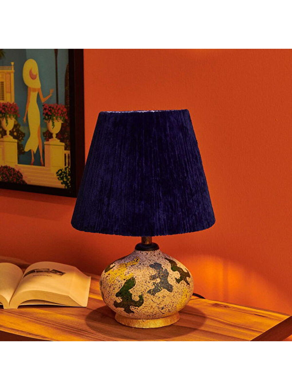 Karışık Okyanus Mavi Başlıklı Seramik Abajur - Renkli - 40 cm-4