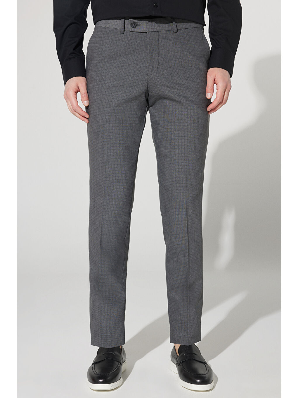 Erkek Gri Ekstra Slim Fit Dar Kesim Mono Yaka Kareli Yünlü Takım Elbise-4