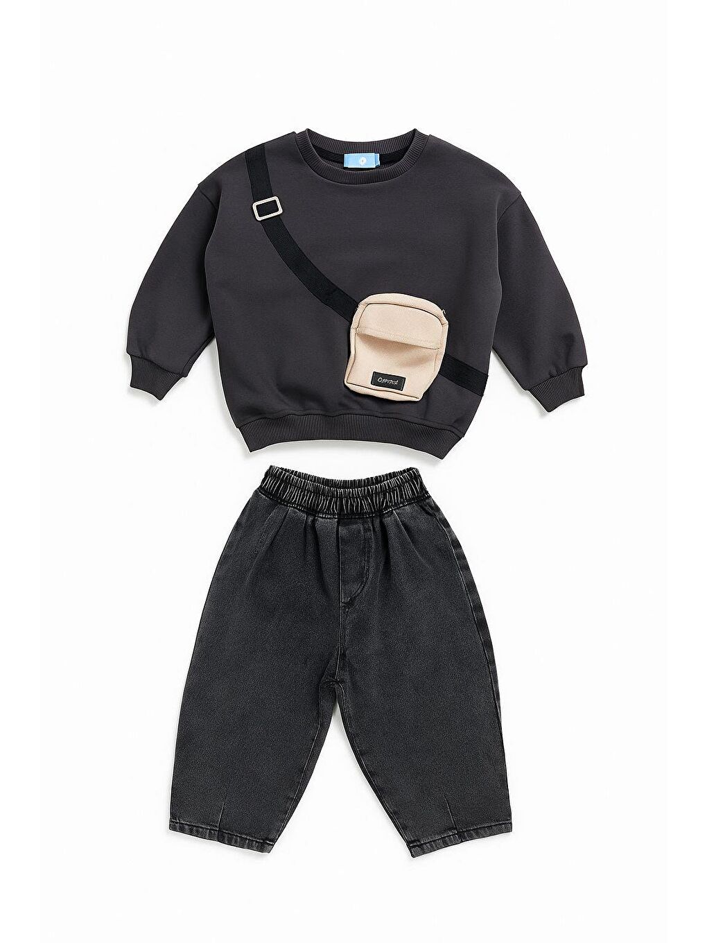 Karışık Erkek Çocuk Pamuklu Siyah Çantalı Sweatshirt Ve Geniş Paça Pantolon Takım – Günlük Rahat Stil-2