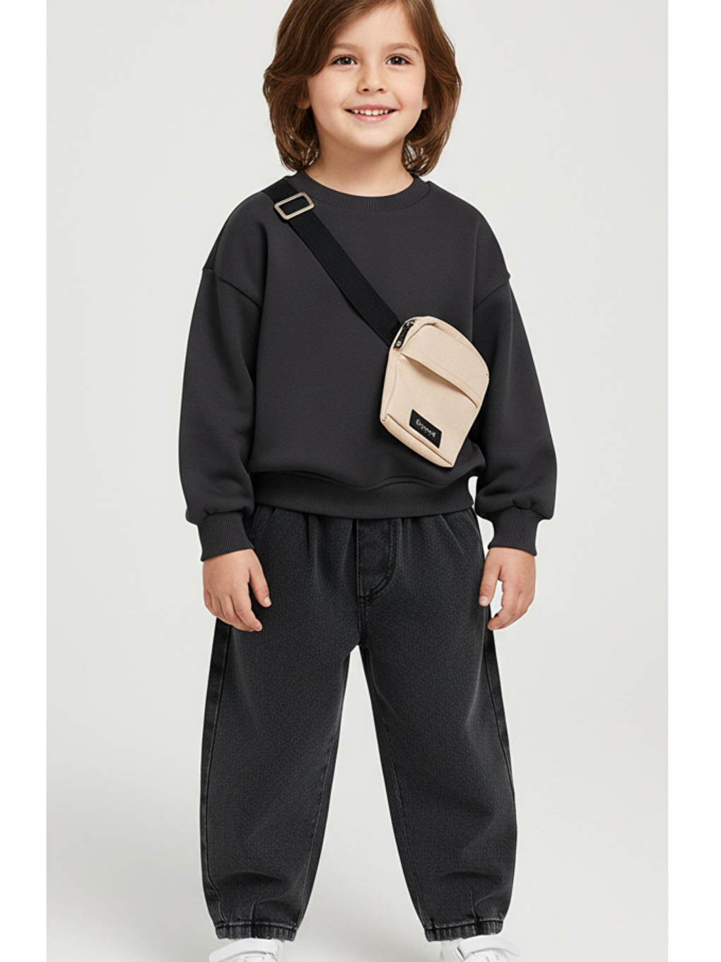 Karışık Erkek Çocuk Pamuklu Siyah Çantalı Sweatshirt Ve Geniş Paça Pantolon Takım – Günlük Rahat Stil-3