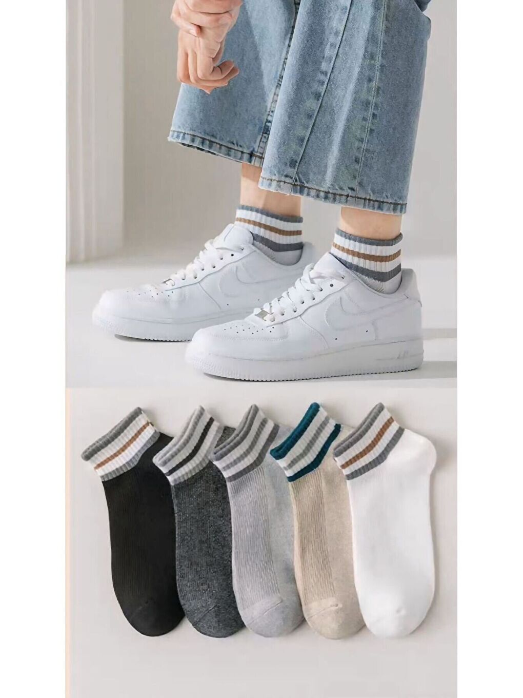 Karışık Unisex 3 Çizgili 5 Çift Kısa Konç Çorap Seti