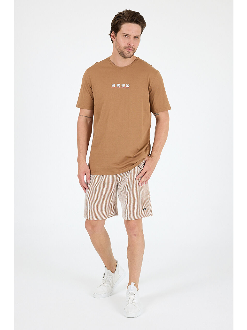 Kahverengi Erkek %100 Pamuk Bisiklet Yaka Kısa Kollu Baskılı Tişört Rahat ve Günlük Tişört 0106-2