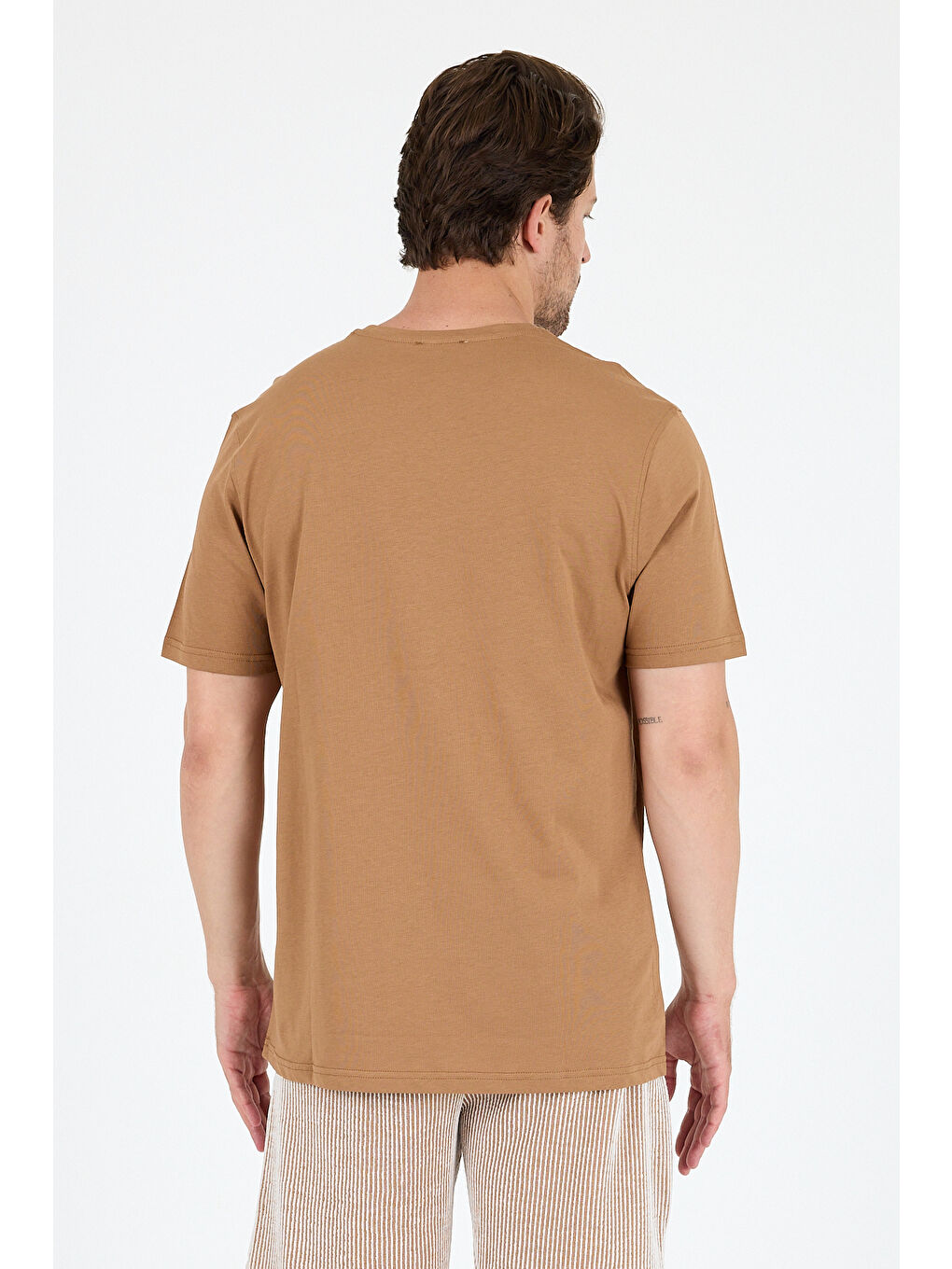 Kahverengi Erkek %100 Pamuk Bisiklet Yaka Kısa Kollu Baskılı Tişört Rahat ve Günlük Tişört 0106-4