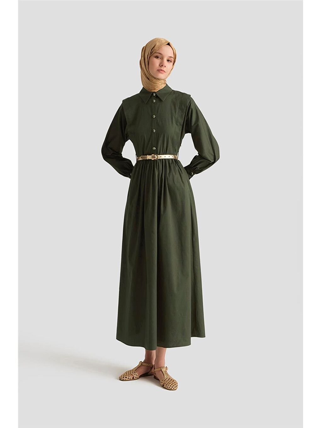 Omuz Allerli Pamuk Elbise 25Y9002 Haki