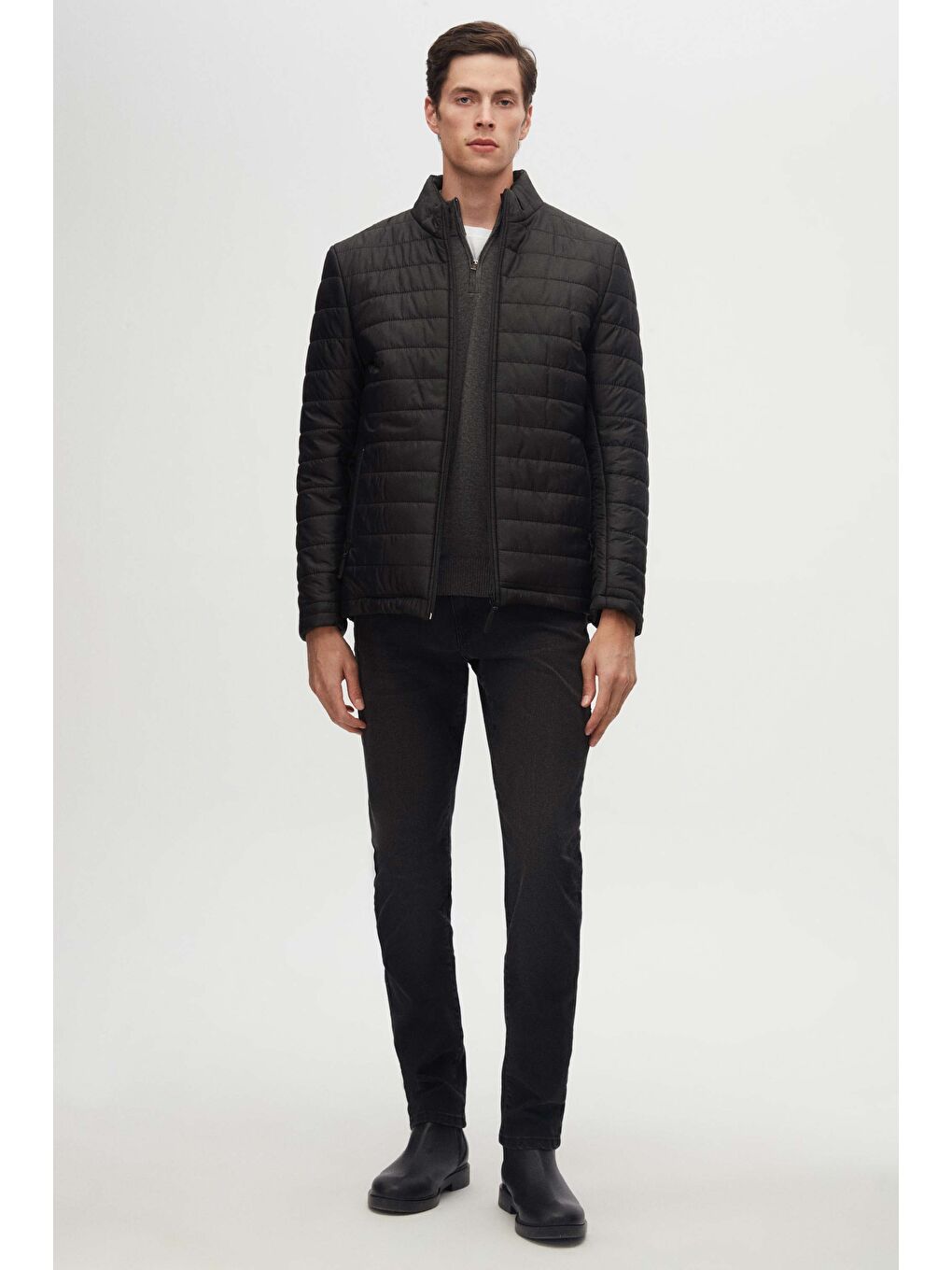 Slim Fit Siyah Rüzgar Geçirmez Elyaf Dolgulu Şişme Mont-7