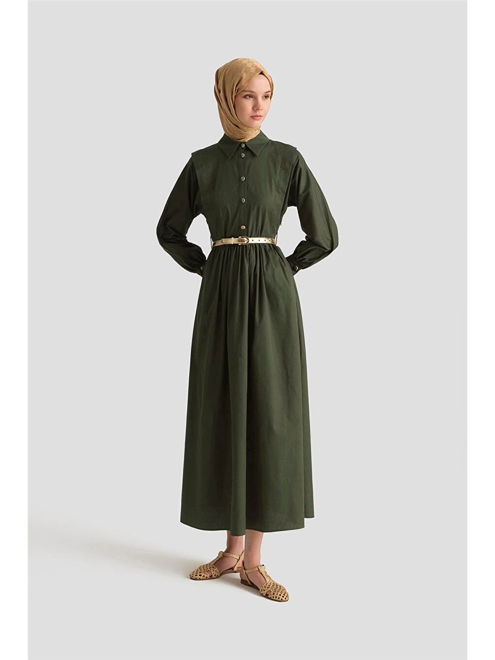 Omuz Allerli Pamuk Elbise 25Y9002 Haki-1