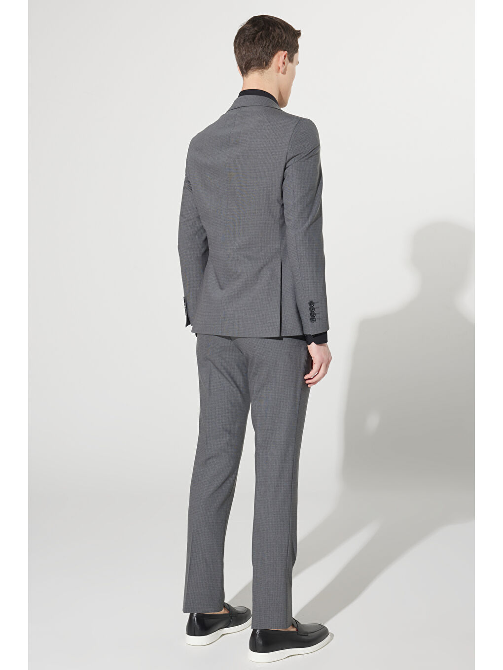 Erkek Gri Ekstra Slim Fit Dar Kesim Mono Yaka Kareli Yünlü Takım Elbise-5