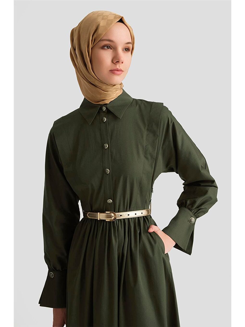 Omuz Allerli Pamuk Elbise 25Y9002 Haki-2