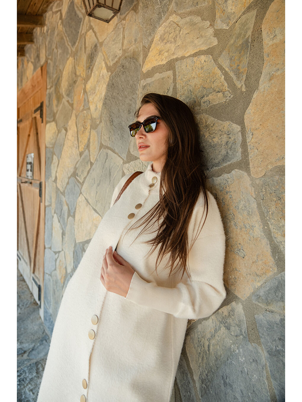 Kadın Düğmeli Triko Ceket Bej-1