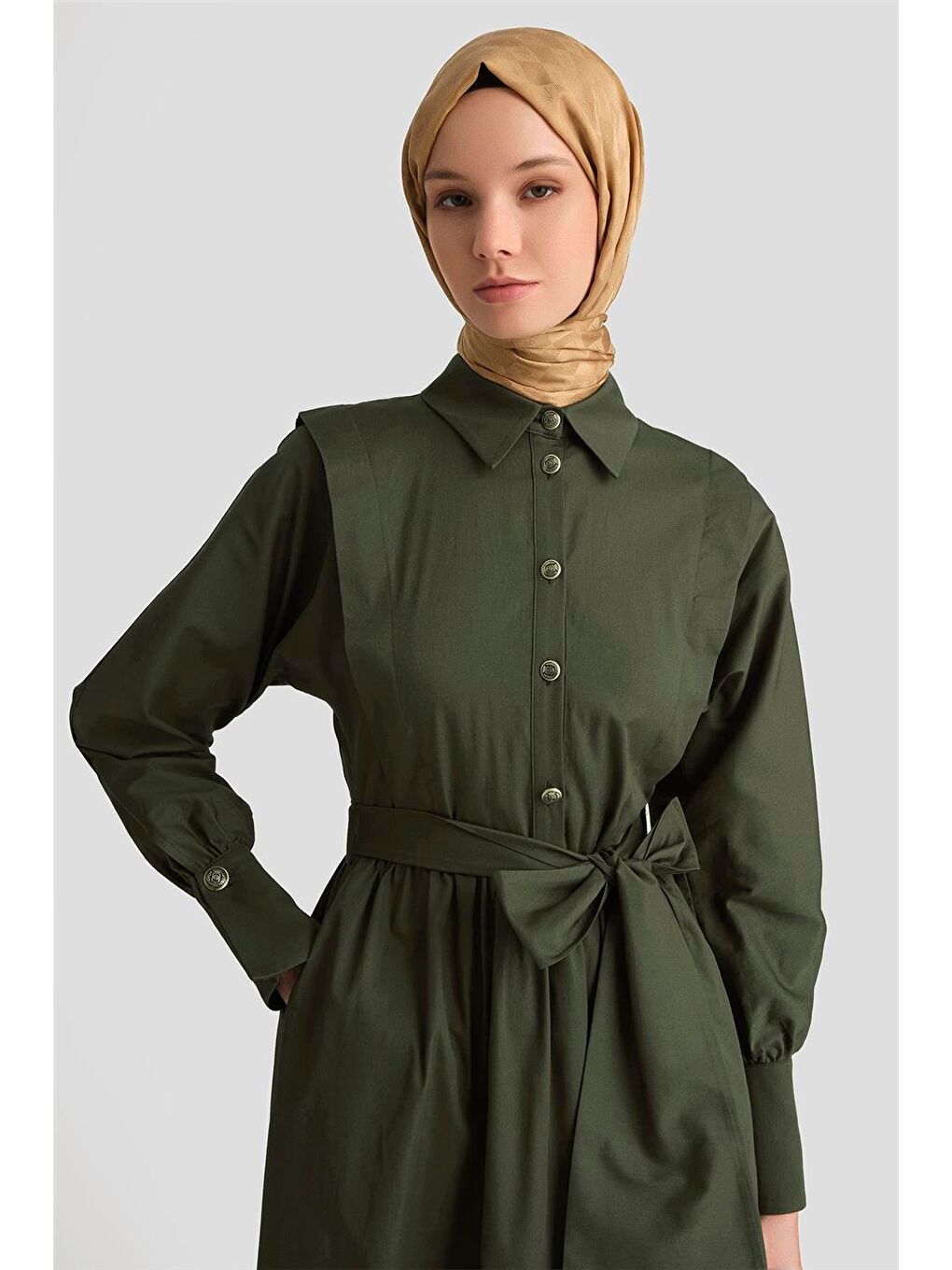 Omuz Allerli Pamuk Elbise 25Y9002 Haki-3