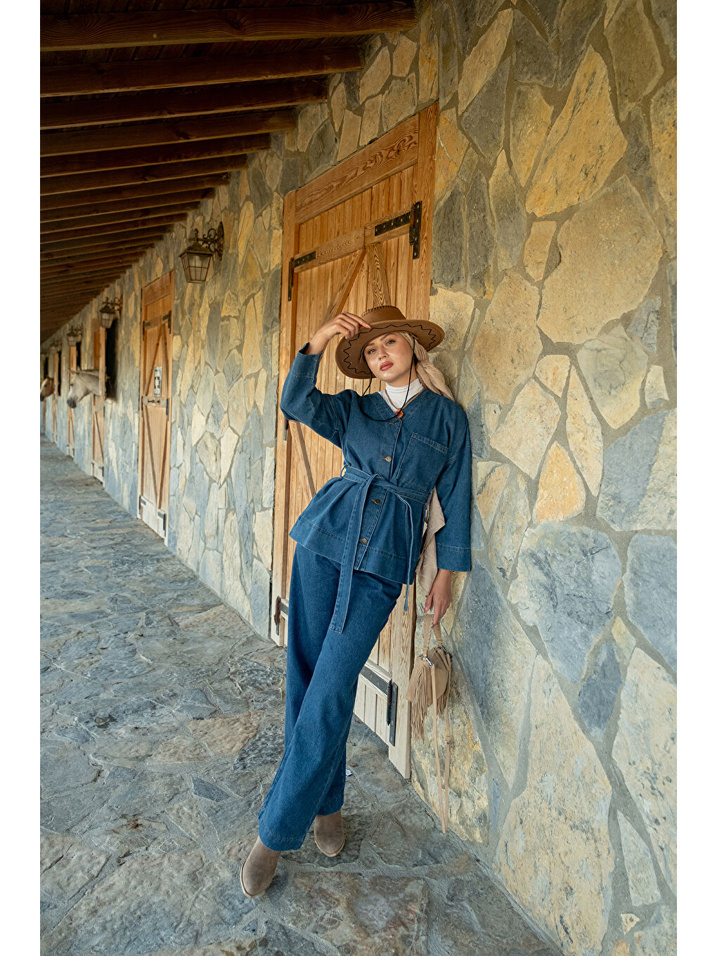 Kadın Kemerli Jean Takım Koyu Mavi-1