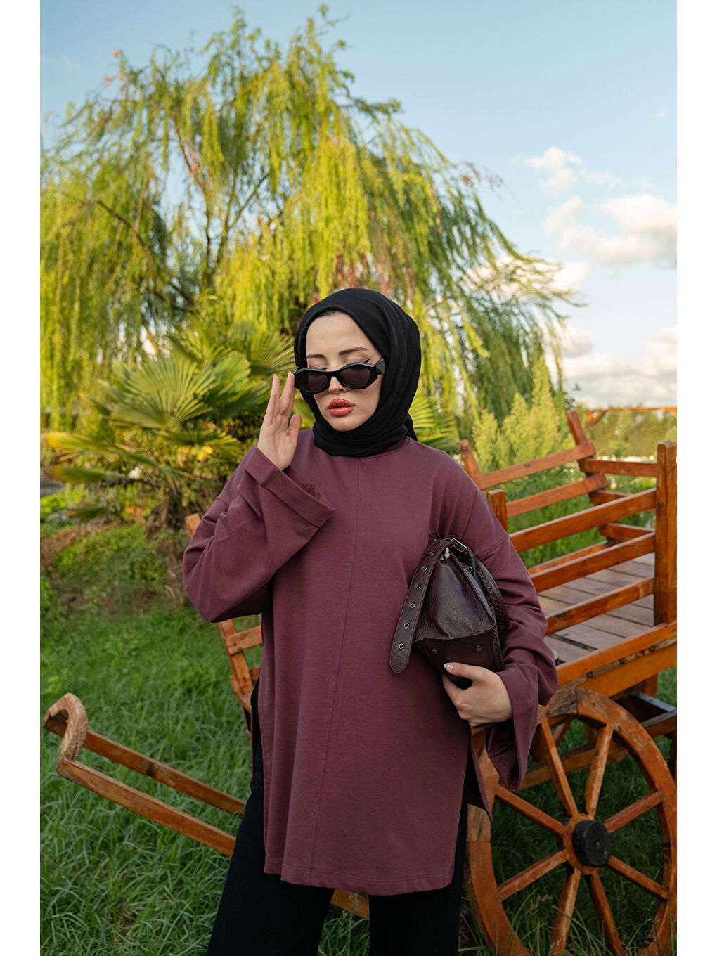 Mor Kadın Dikiş Detaylı Yırtmaçlı Tunik Vişne Çürüğü-1