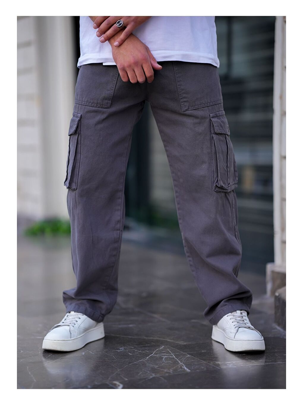 Tarz Cool Gri Erkek Kargo Cep Baggy Pantolon Füme Rengi