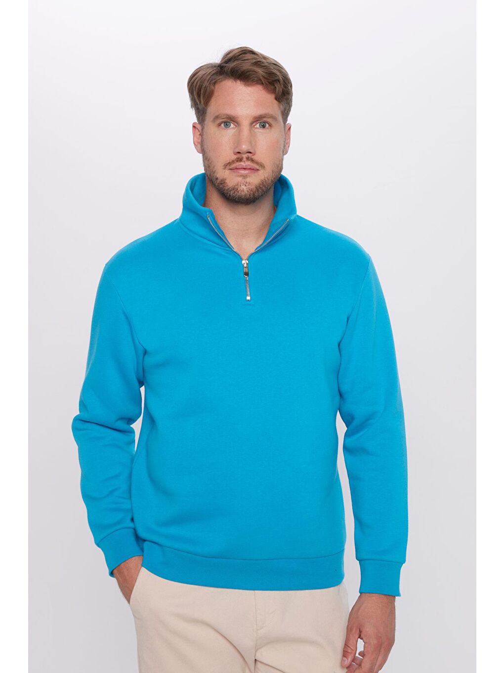 Unisex Relax Fit Rahat Kesim Pamuklu İçi Polarlı Yarım Fermuarlı Turkuaz Dik Yaka Sweatshirt