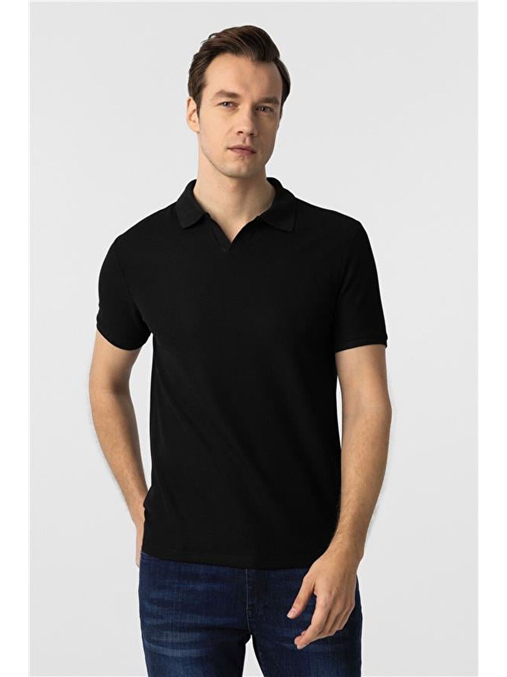 Siyah Slim Armürlü Polo Yaka Tişört-1