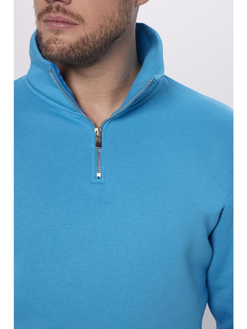 Unisex Relax Fit Rahat Kesim Pamuklu İçi Polarlı Yarım Fermuarlı Turkuaz Dik Yaka Sweatshirt-3
