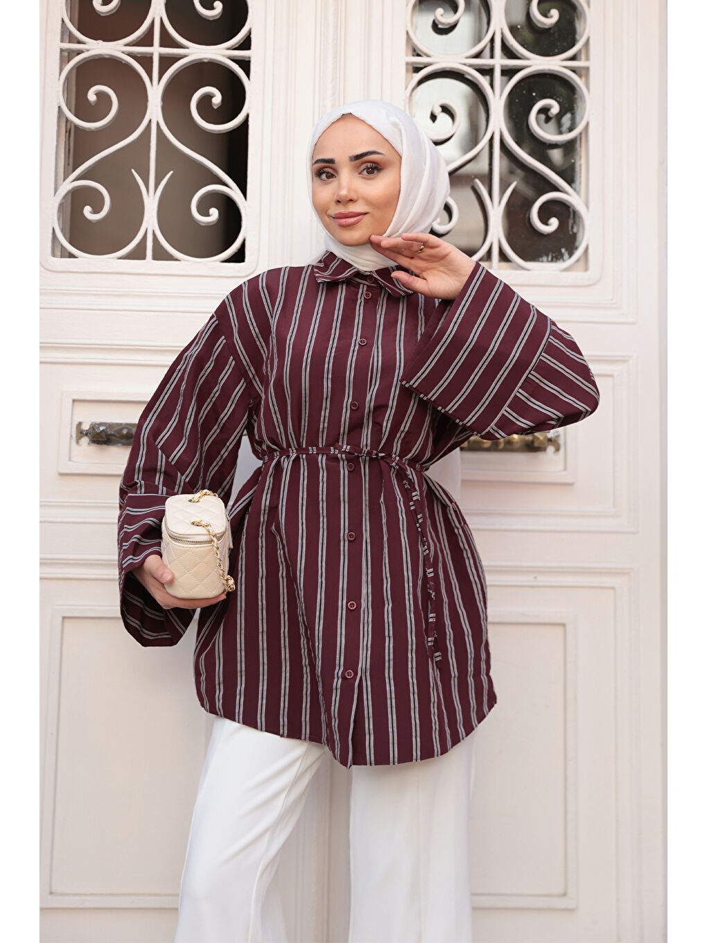 Kadın Siyah Çizgili Balon Kol Gömlek Bordo-1