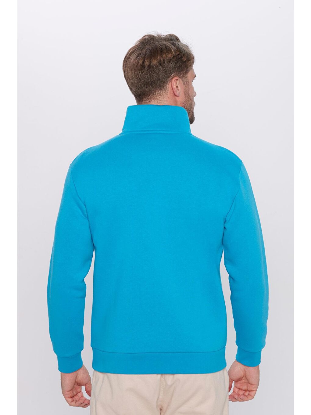Unisex Relax Fit Rahat Kesim Pamuklu İçi Polarlı Yarım Fermuarlı Turkuaz Dik Yaka Sweatshirt-4