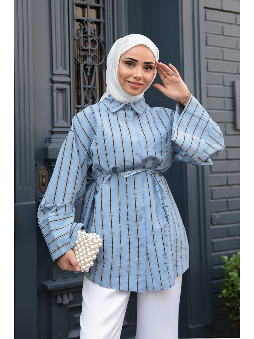 Kadın Siyah Çizgili Balon Kol Gömlek Mavi-1