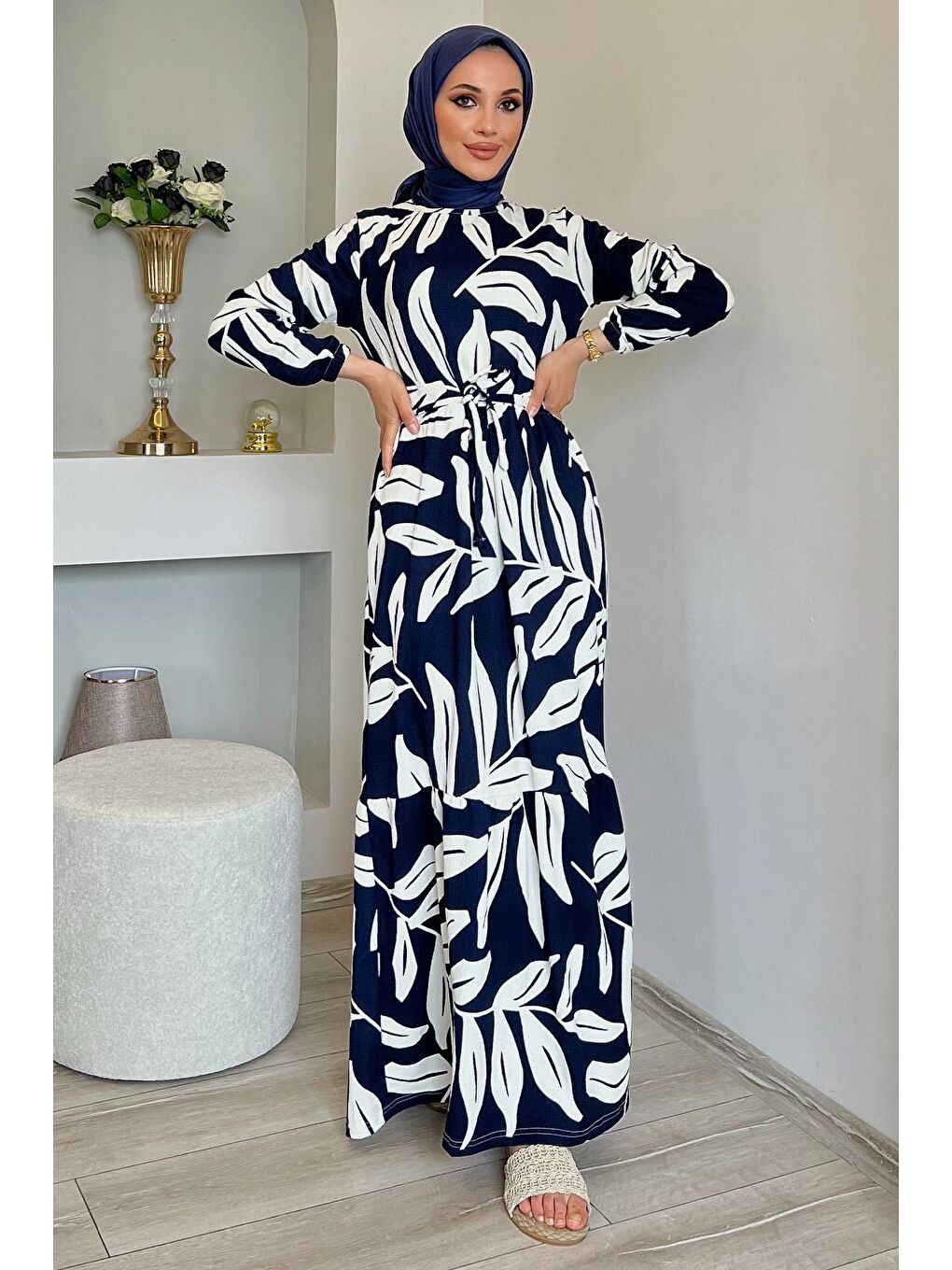 Lacivert Bel Kuşaklı Elastanlı Desenli Tesettür Elbise
