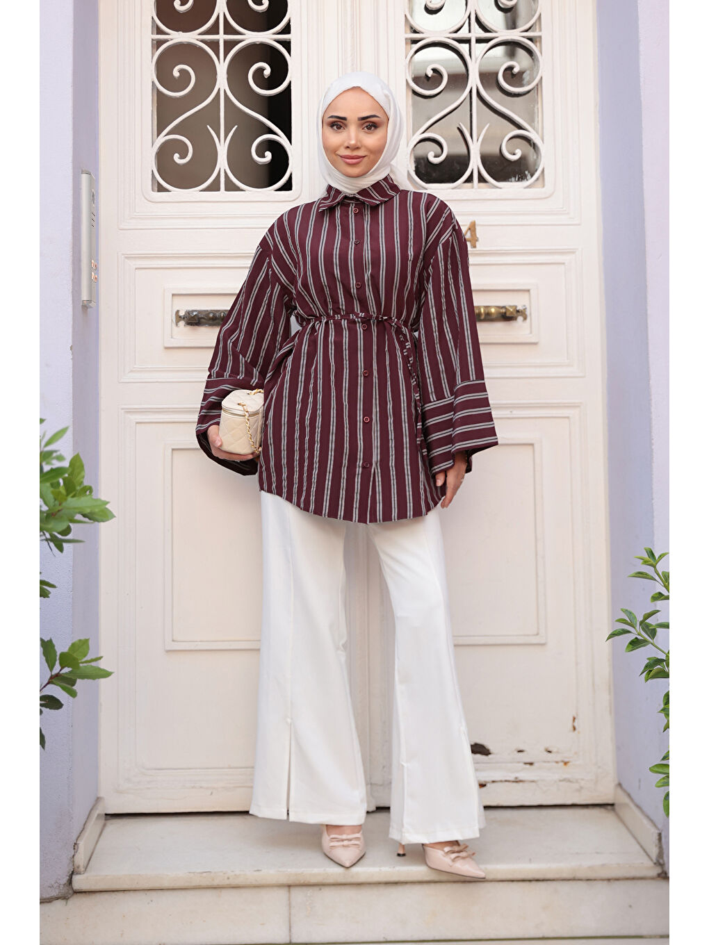 Kadın Siyah Çizgili Balon Kol Gömlek Bordo-2