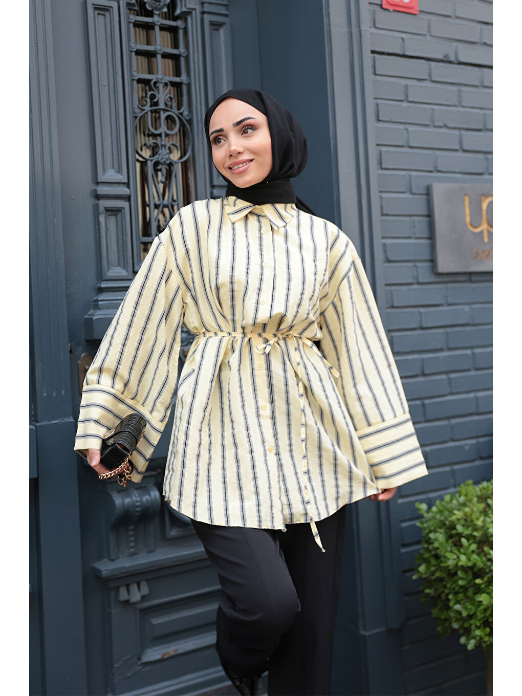 Kadın Siyah Çizgili Balon Kol Gömlek Sarı