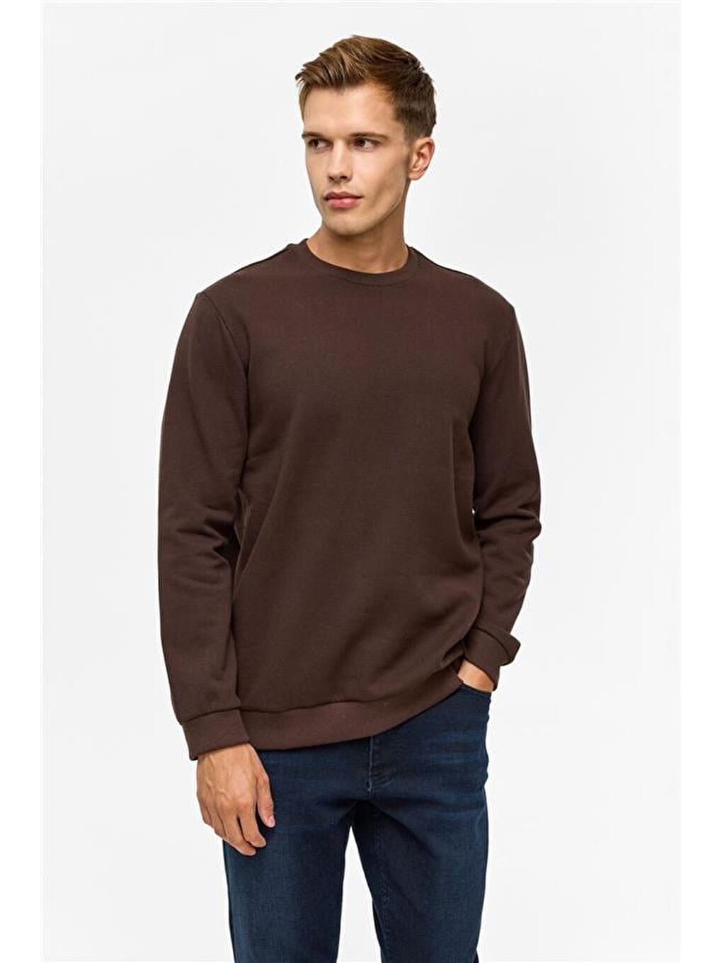 Kahverengi Koyu Kahve Regular Düz Bisiklet Yaka Sweatshirt