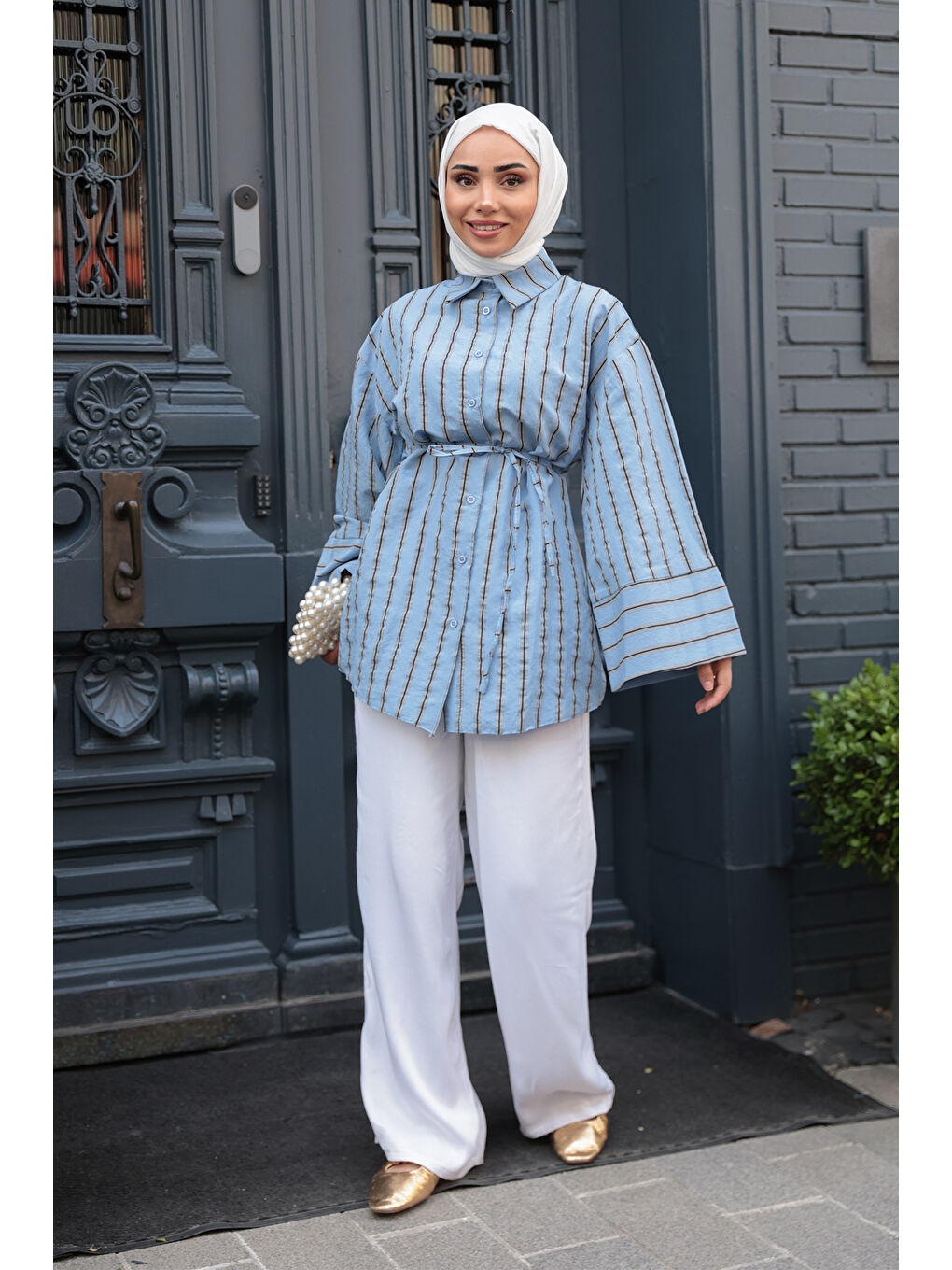 Kadın Siyah Çizgili Balon Kol Gömlek Mavi-2