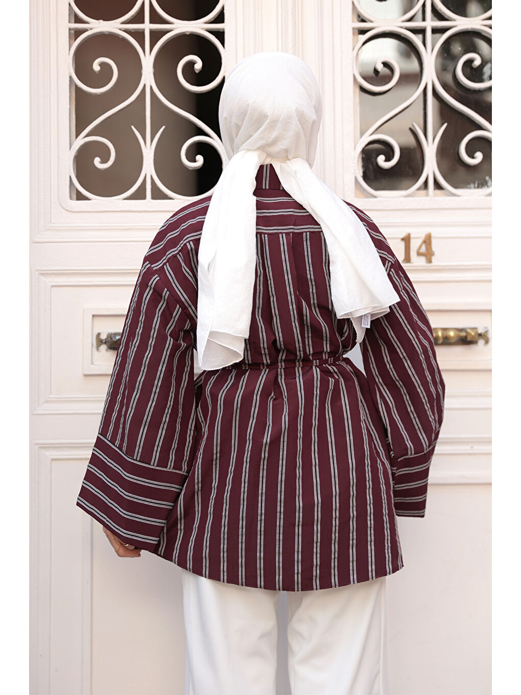 Kadın Siyah Çizgili Balon Kol Gömlek Bordo-3