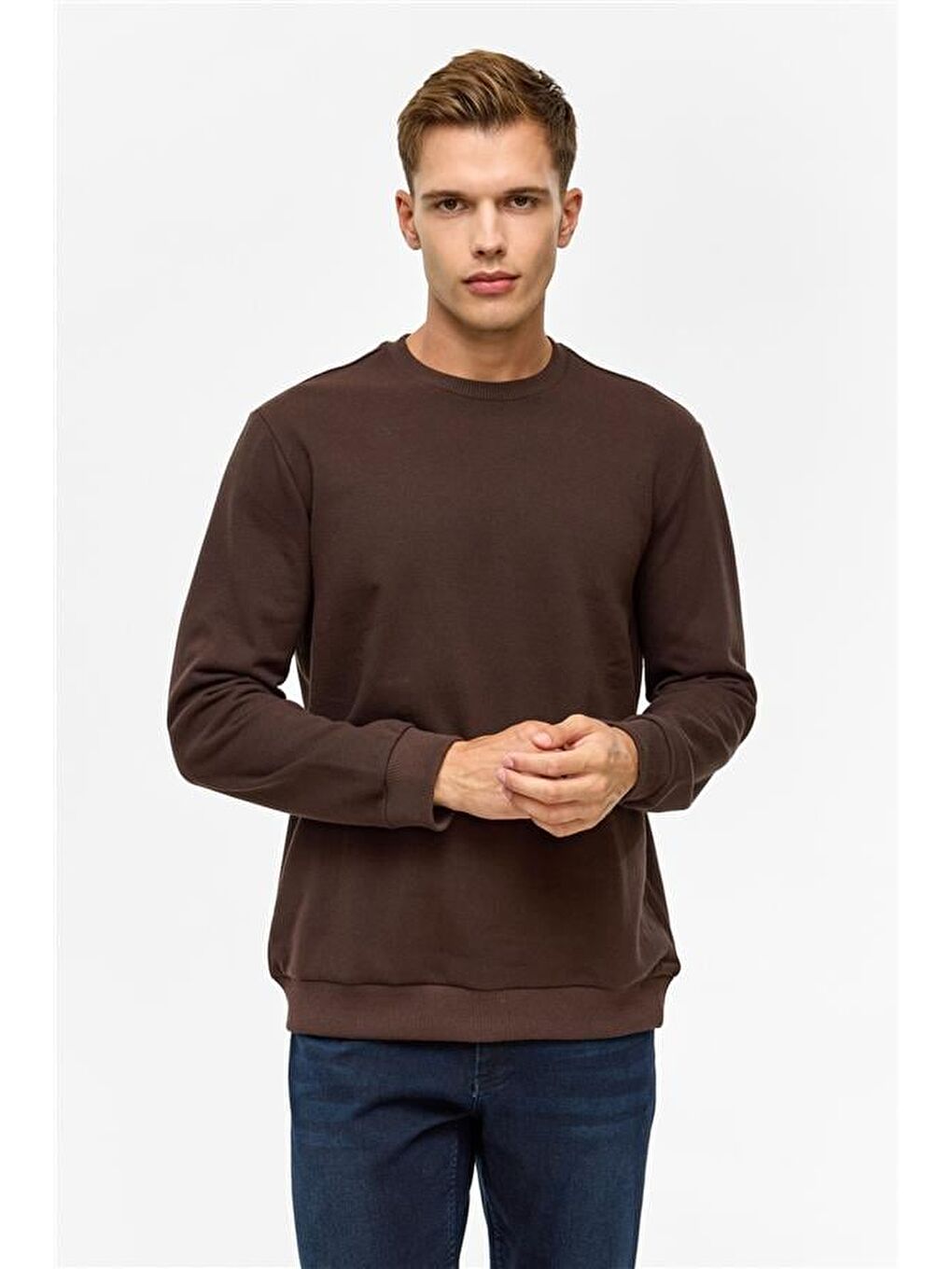 Kahverengi Koyu Kahve Regular Düz Bisiklet Yaka Sweatshirt-1