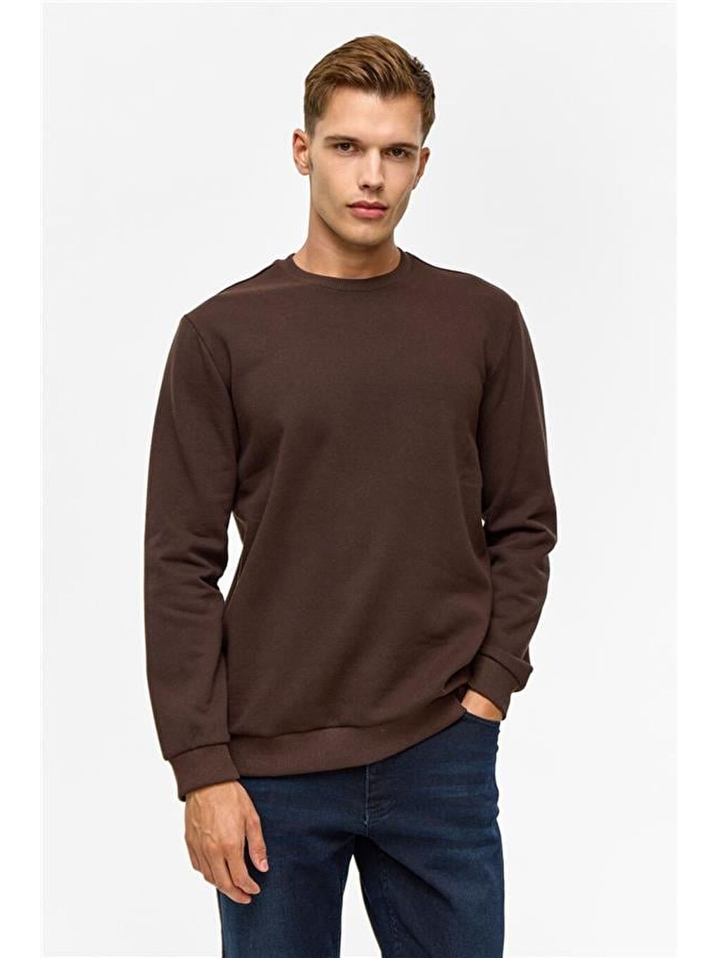 Kahverengi Koyu Kahve Regular Düz Bisiklet Yaka Sweatshirt-2