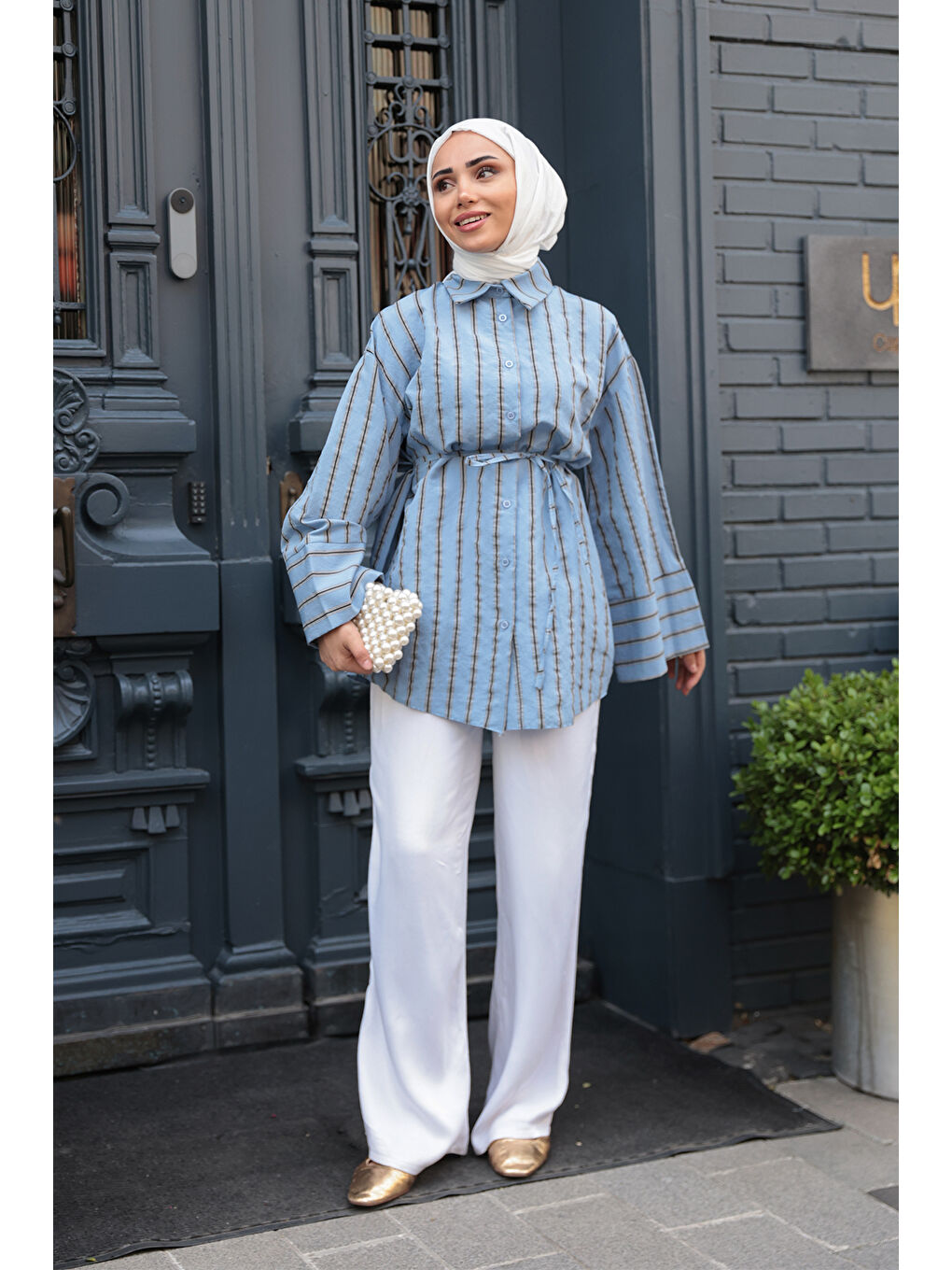 Kadın Siyah Çizgili Balon Kol Gömlek Mavi-3