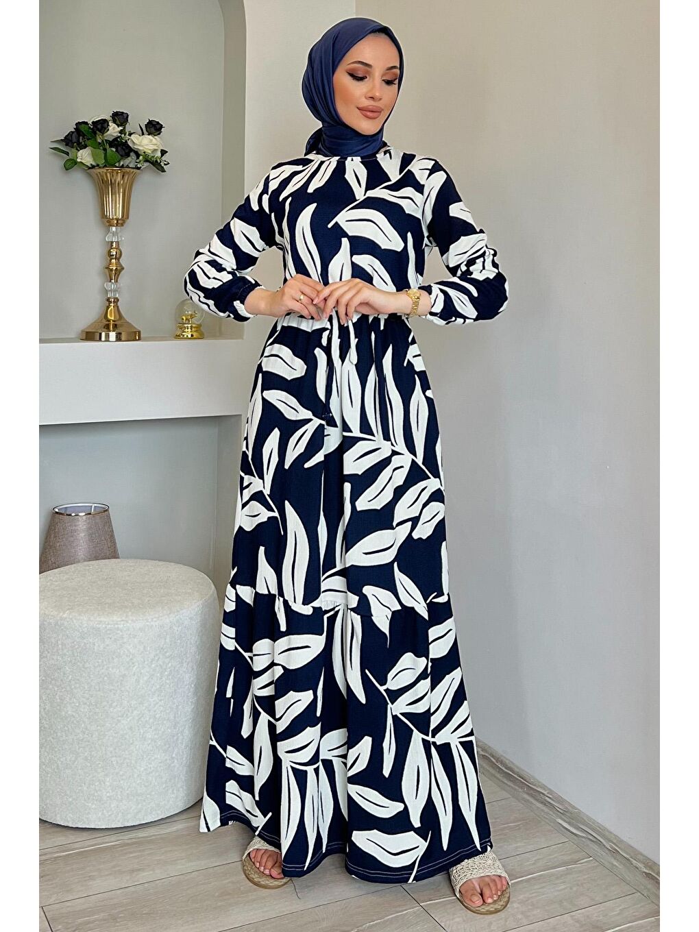 Lacivert Bel Kuşaklı Elastanlı Desenli Tesettür Elbise-1