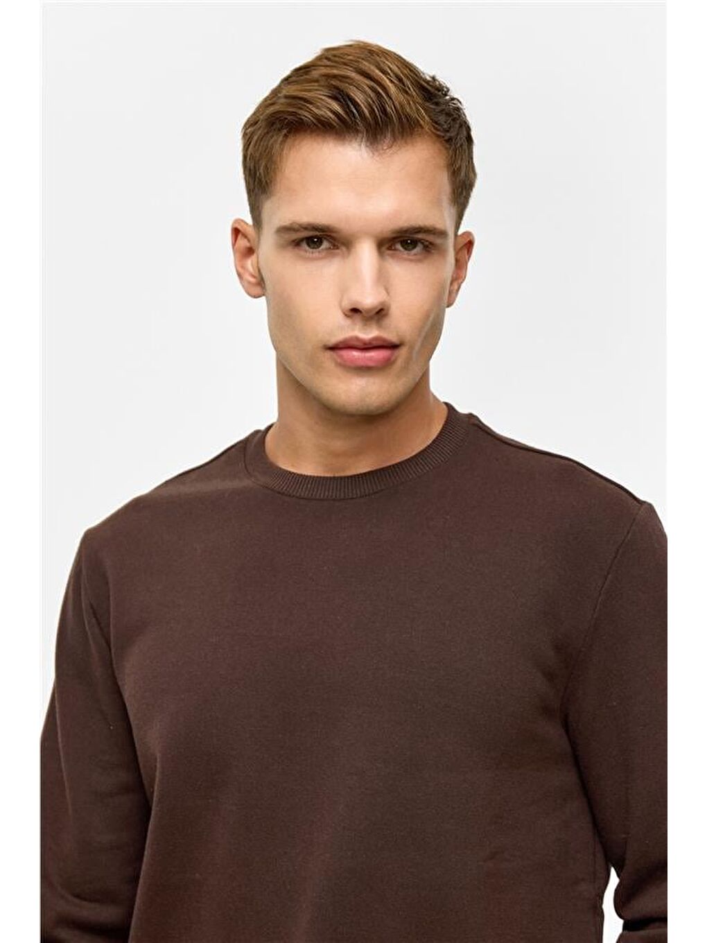 Kahverengi Koyu Kahve Regular Düz Bisiklet Yaka Sweatshirt-3