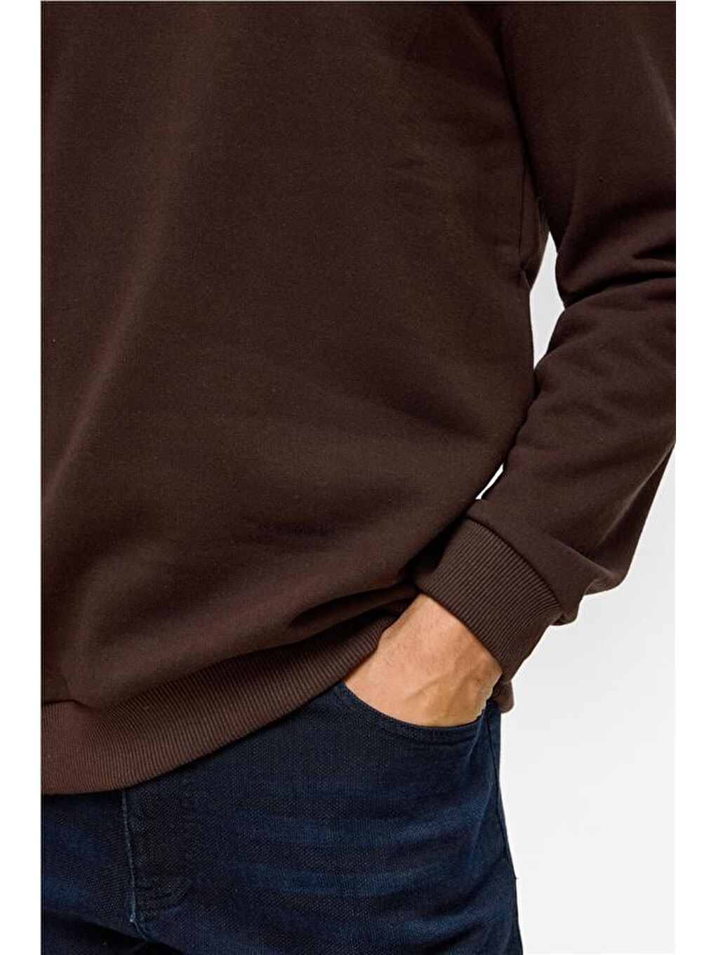 Kahverengi Koyu Kahve Regular Düz Bisiklet Yaka Sweatshirt-4