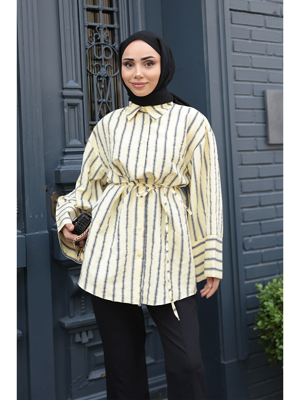 Kadın Siyah Çizgili Balon Kol Gömlek Sarı-1