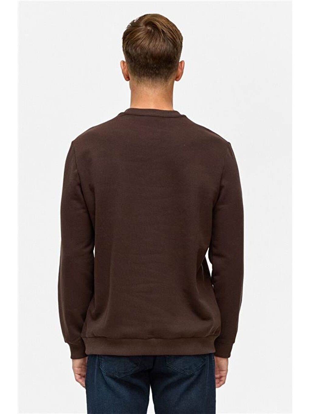 Kahverengi Koyu Kahve Regular Düz Bisiklet Yaka Sweatshirt-5