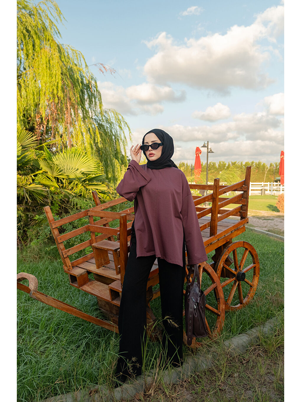 Mor Kadın Dikiş Detaylı Yırtmaçlı Tunik Vişne Çürüğü-2