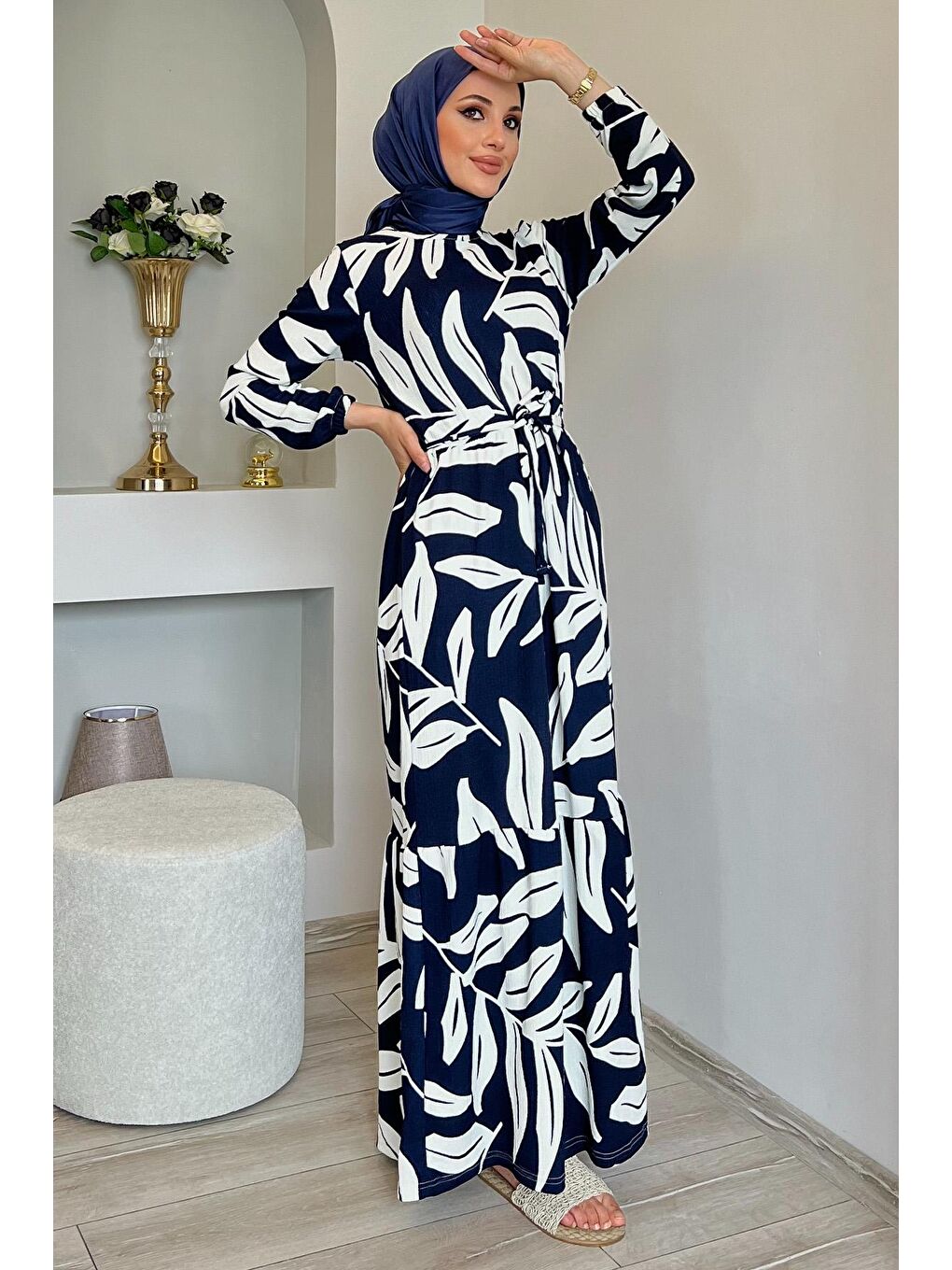 Lacivert Bel Kuşaklı Elastanlı Desenli Tesettür Elbise-2