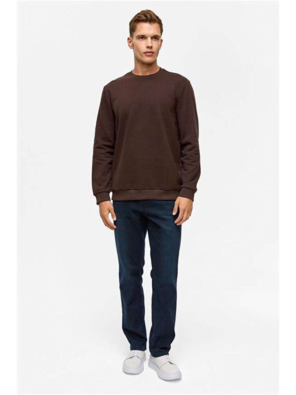 Kahverengi Koyu Kahve Regular Düz Bisiklet Yaka Sweatshirt-8