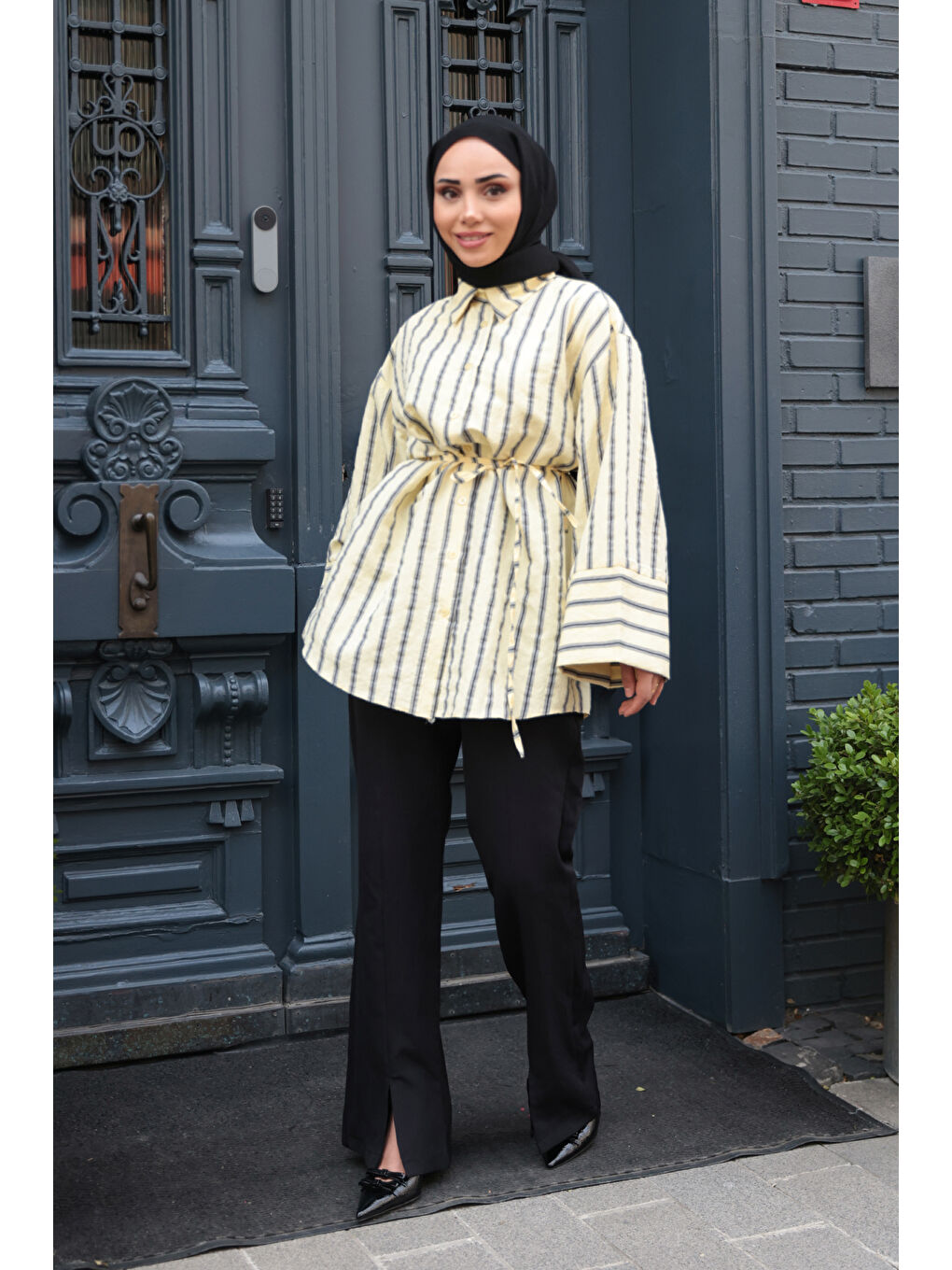 Kadın Siyah Çizgili Balon Kol Gömlek Sarı-2