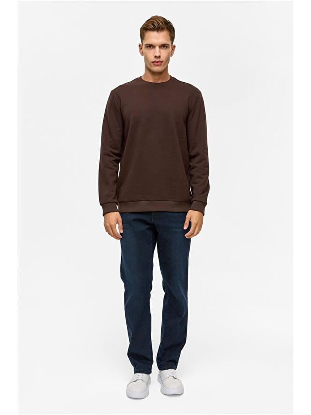 Kahverengi Koyu Kahve Regular Düz Bisiklet Yaka Sweatshirt-9