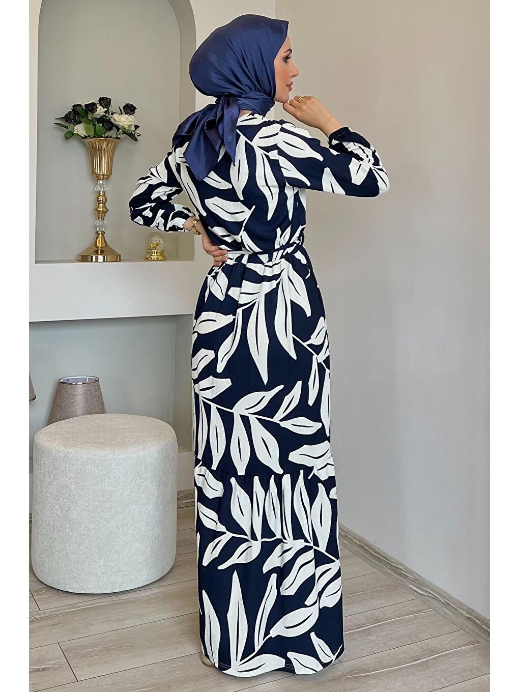 Lacivert Bel Kuşaklı Elastanlı Desenli Tesettür Elbise-3